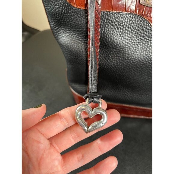 BRIGHTON Pebbled Black Leather Bucket Bag Purse Embossed Brown Croc Leather - Picture 8 of 16